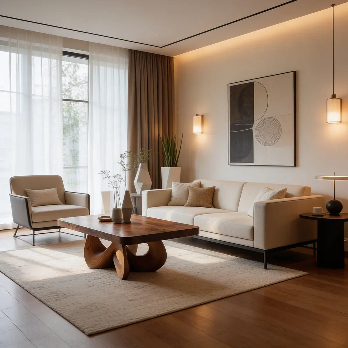 Square Natural Wood Coffee Table with Interwoven Sculptural Base