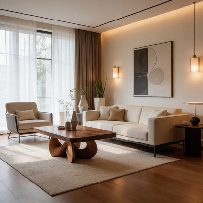 Square Natural Wood Coffee Table with Interwoven Sculptural Base
