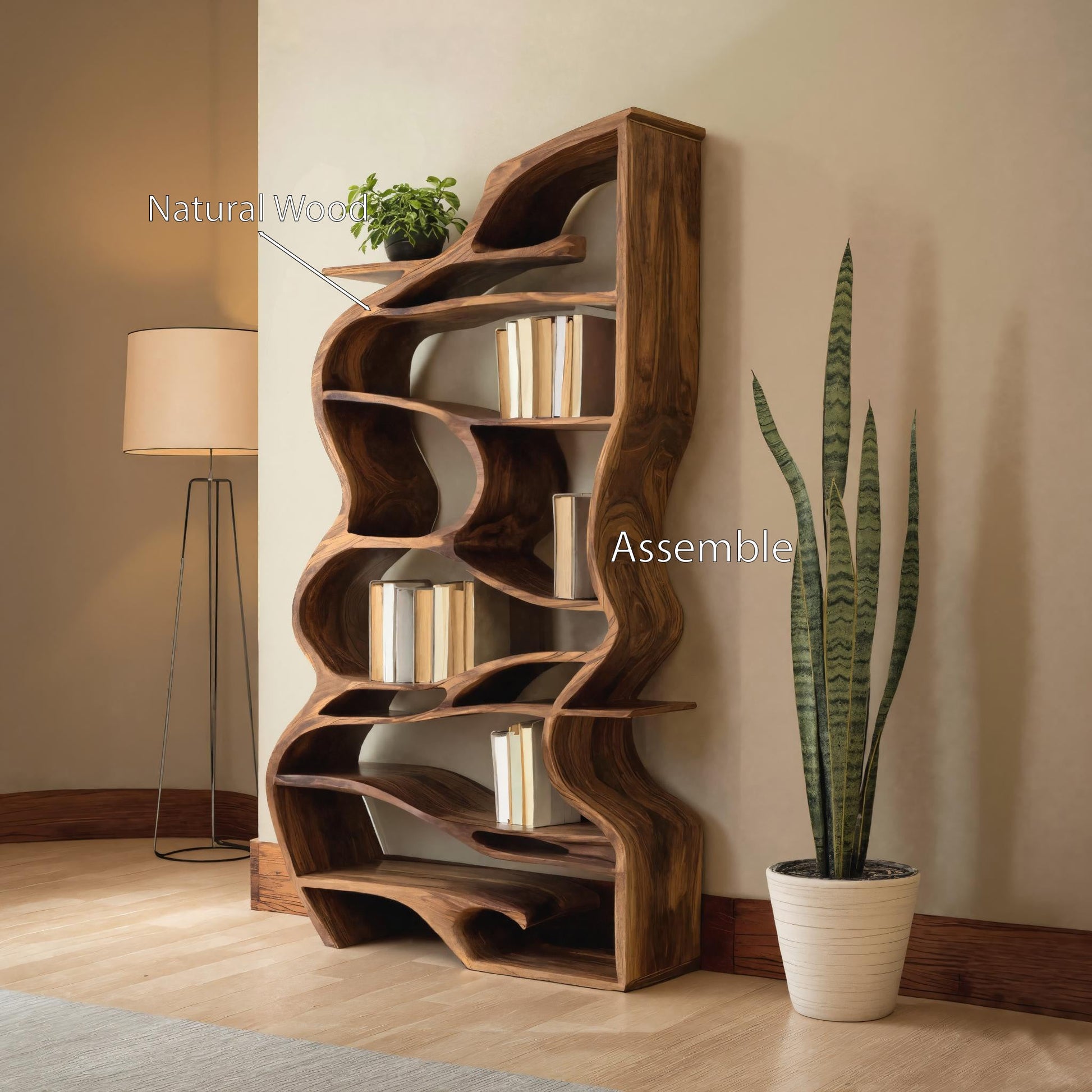 Handcrafted Sculpted Bookshelf With Organic Design For Living Room Or Office Kitchnce