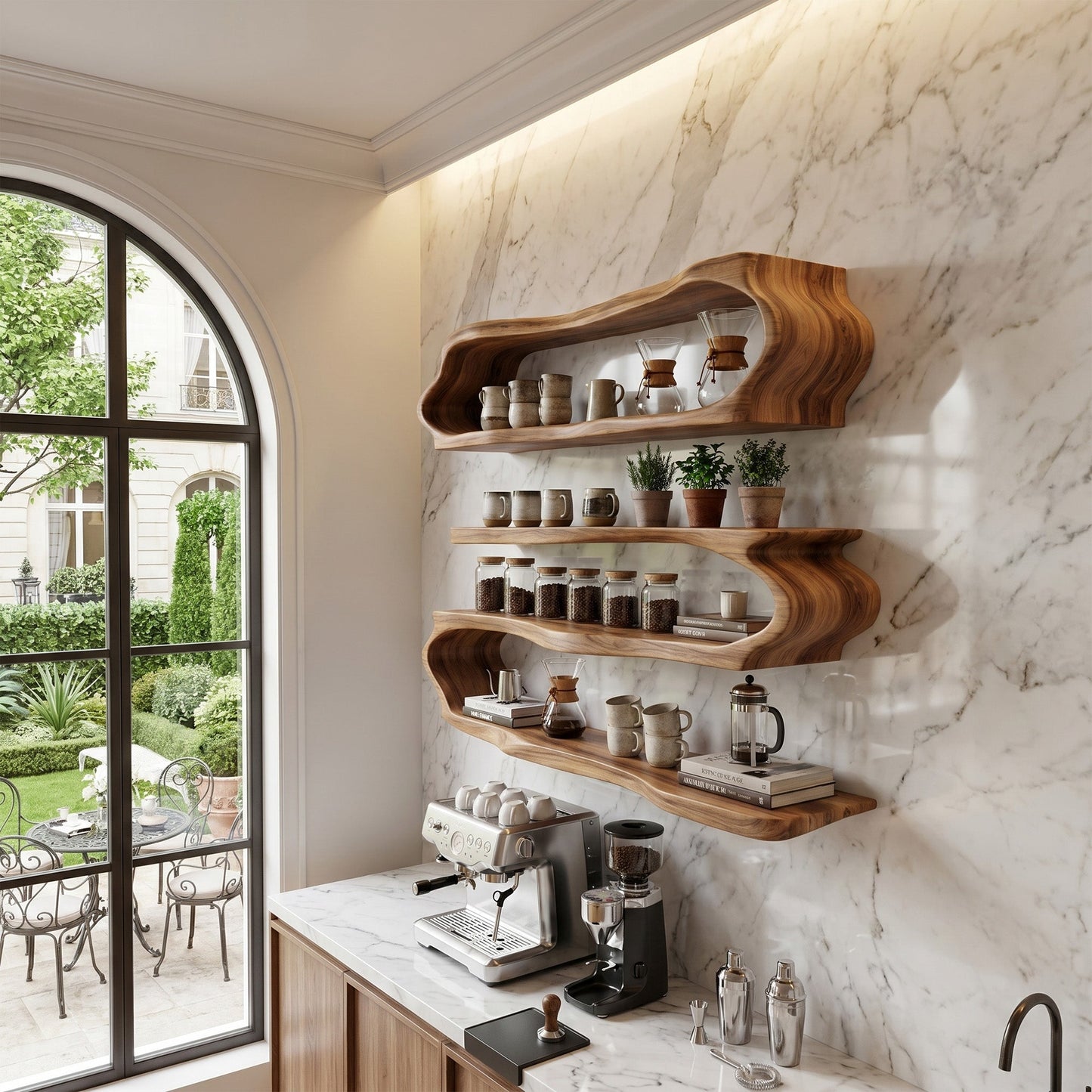 Flowing Wood Wall-Mounted Shelf With Open Display