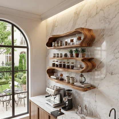 Flowing Wood Wall-Mounted Shelf With Open Display