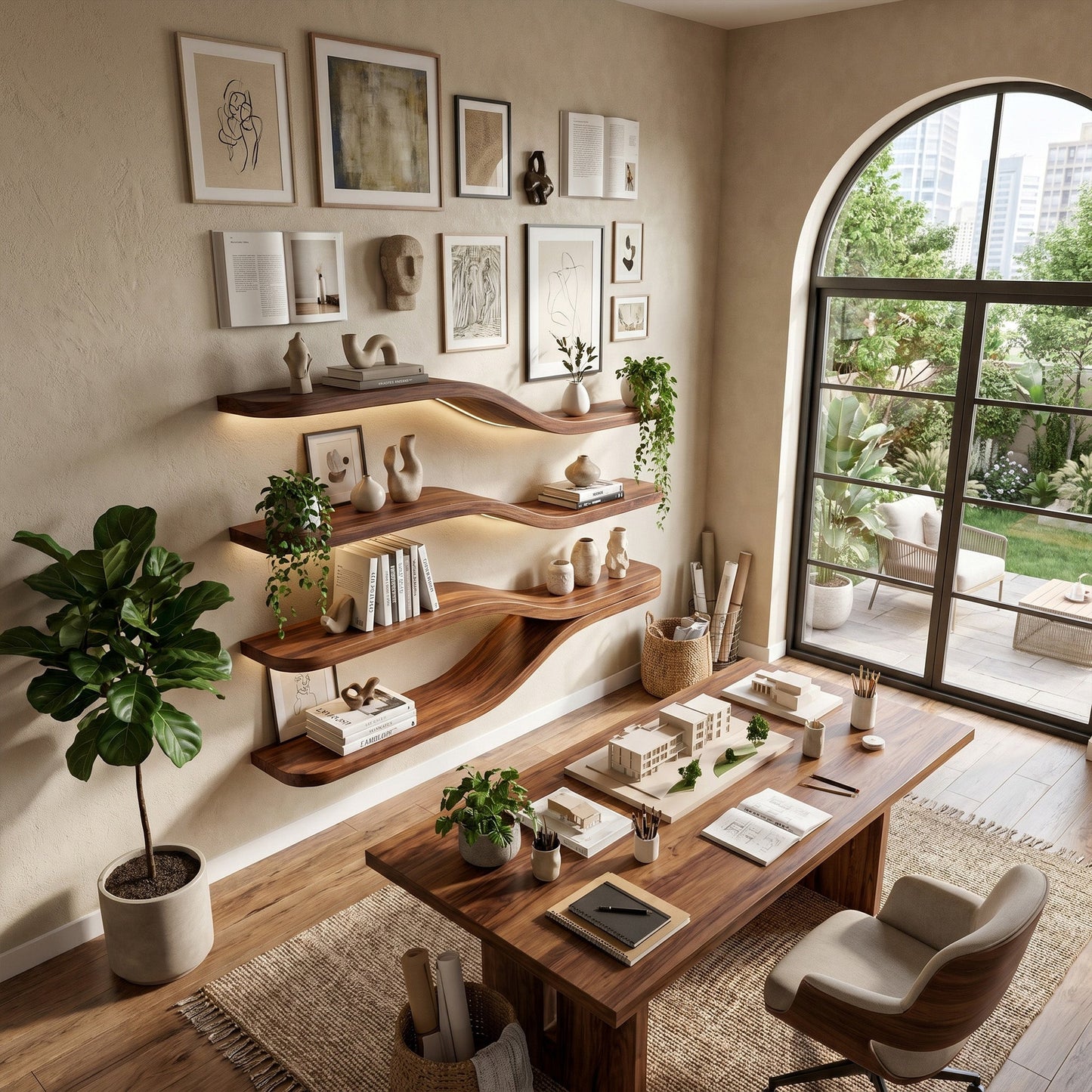 Flowing Wood Wall-Mounted Shelf With Layered Display