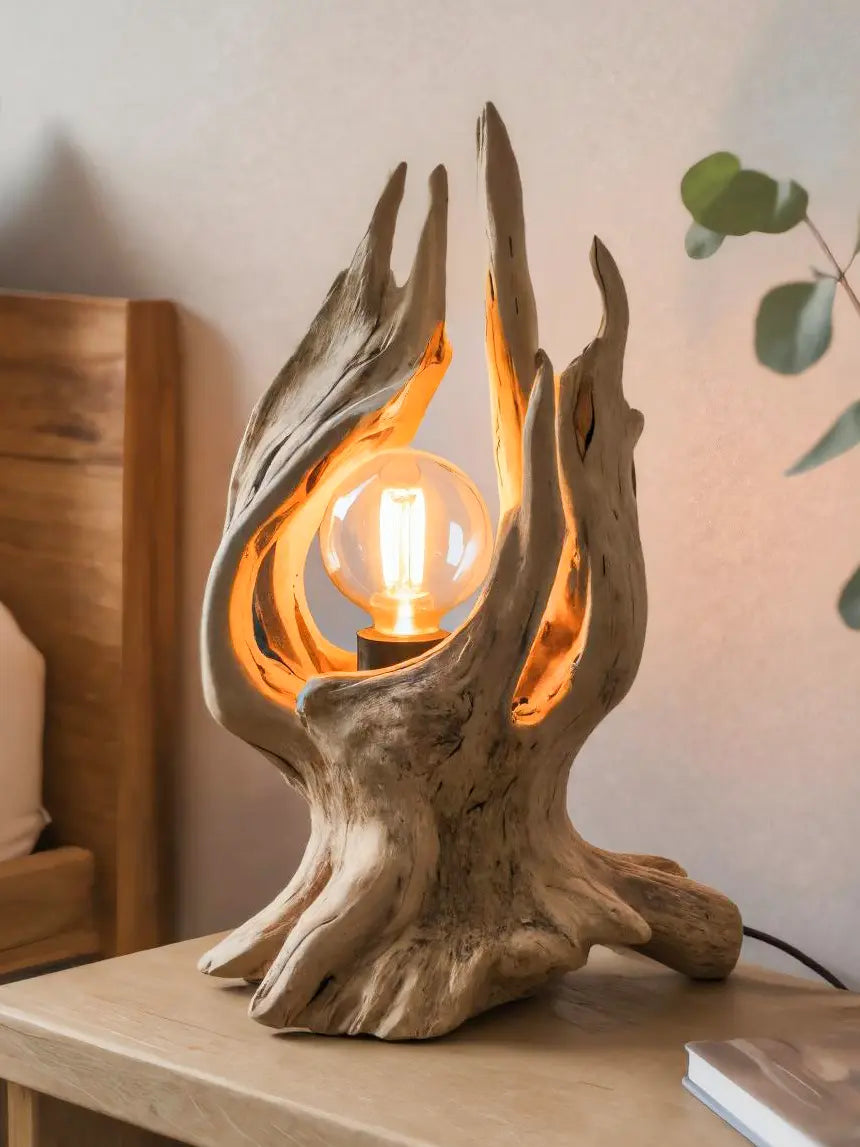 Rustic Driftwood Table Lamp With Exposed Bulb For Bedroom Or Living Room Kitchnce
