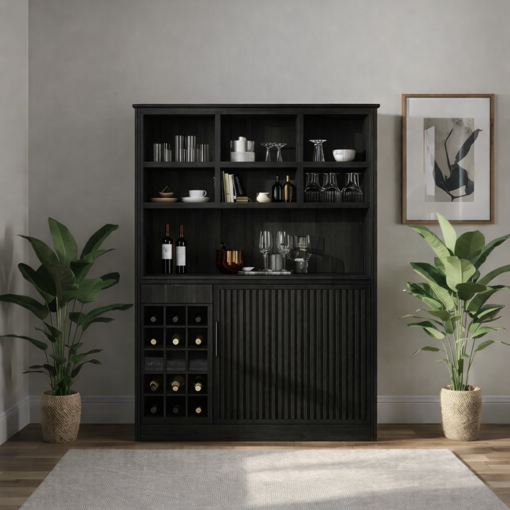 Handcrafted Solid Wood Wine Cabinet with Storage Shelves Modern Home Bar Furniture