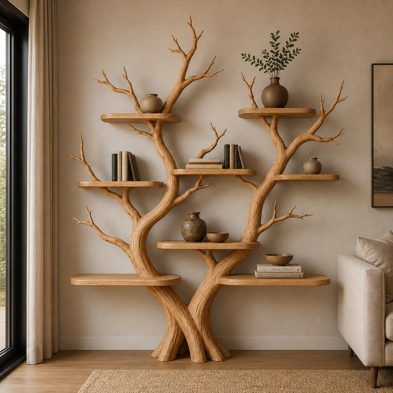 Handcrafted Solid Wood Tree Bookshelf, Organic Freestanding Bookcase & Display Shelf