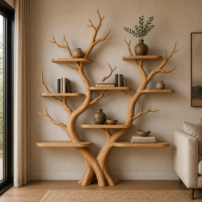 Handcrafted Solid Wood Tree Bookshelf, Organic Freestanding Bookcase & Display Shelf