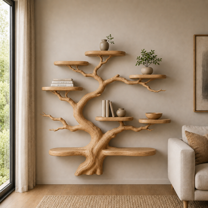 Modern Solid Wood Tree Bookshelf Floating Wall Shelf Handmade Organic Tree Bookcase