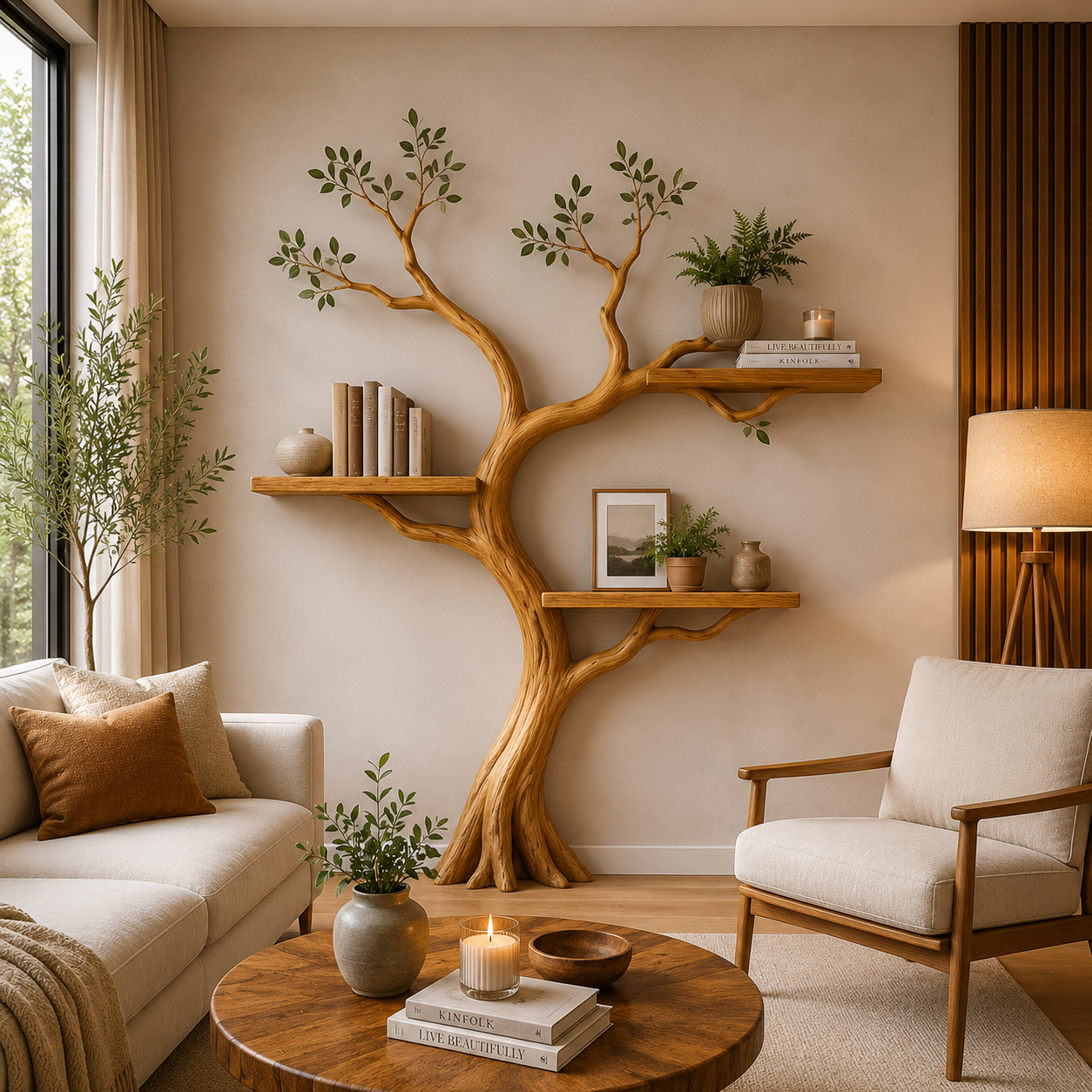 Organic Solid Wood Tree Bookshelf for Modern Home Wall Decor