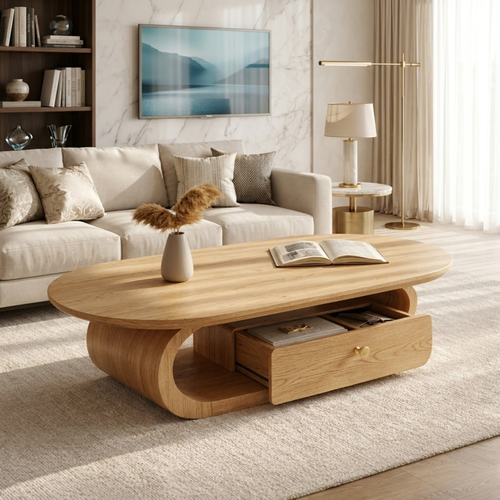 Wooden Coffee Table with Storage Drawer and Curved Modern Design