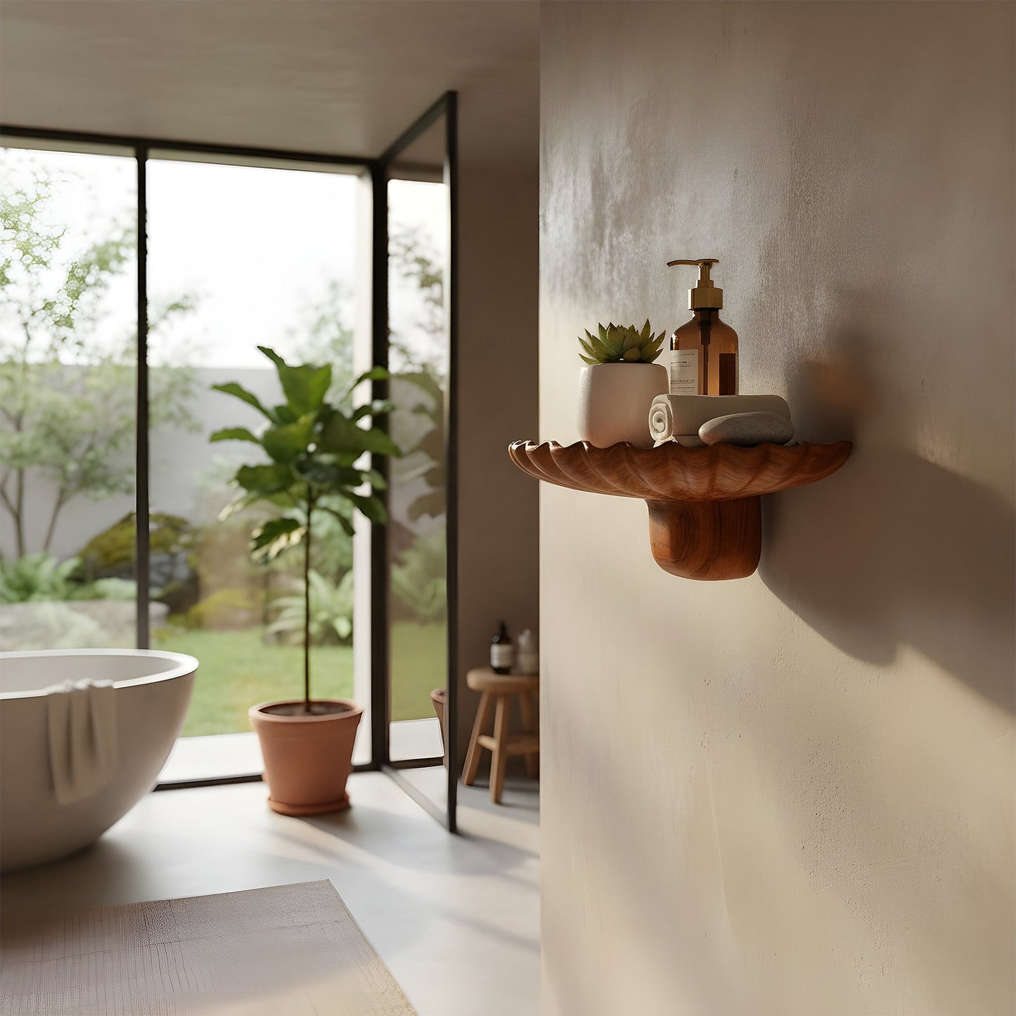 Sculptural Wall-Mounted Sink in Natural Wood with Organic Carved Form