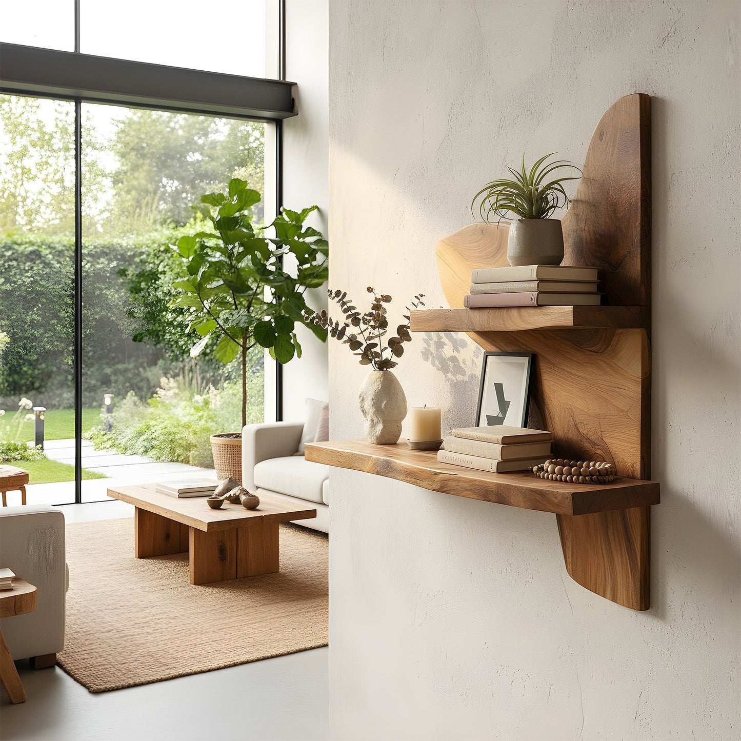 Asymmetrical Two-Tier Wall Shelf in Natural Wood with Sculptural Form