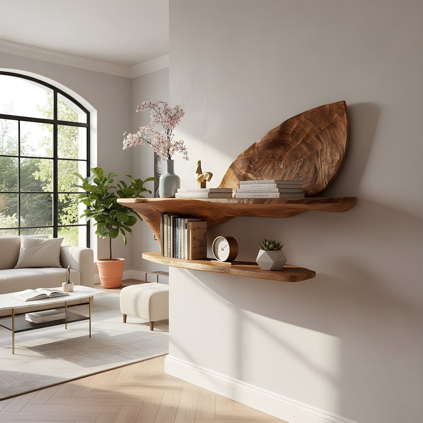 Two-Tier Sculptural Wall Shelf in Natural Wood with Organic Form