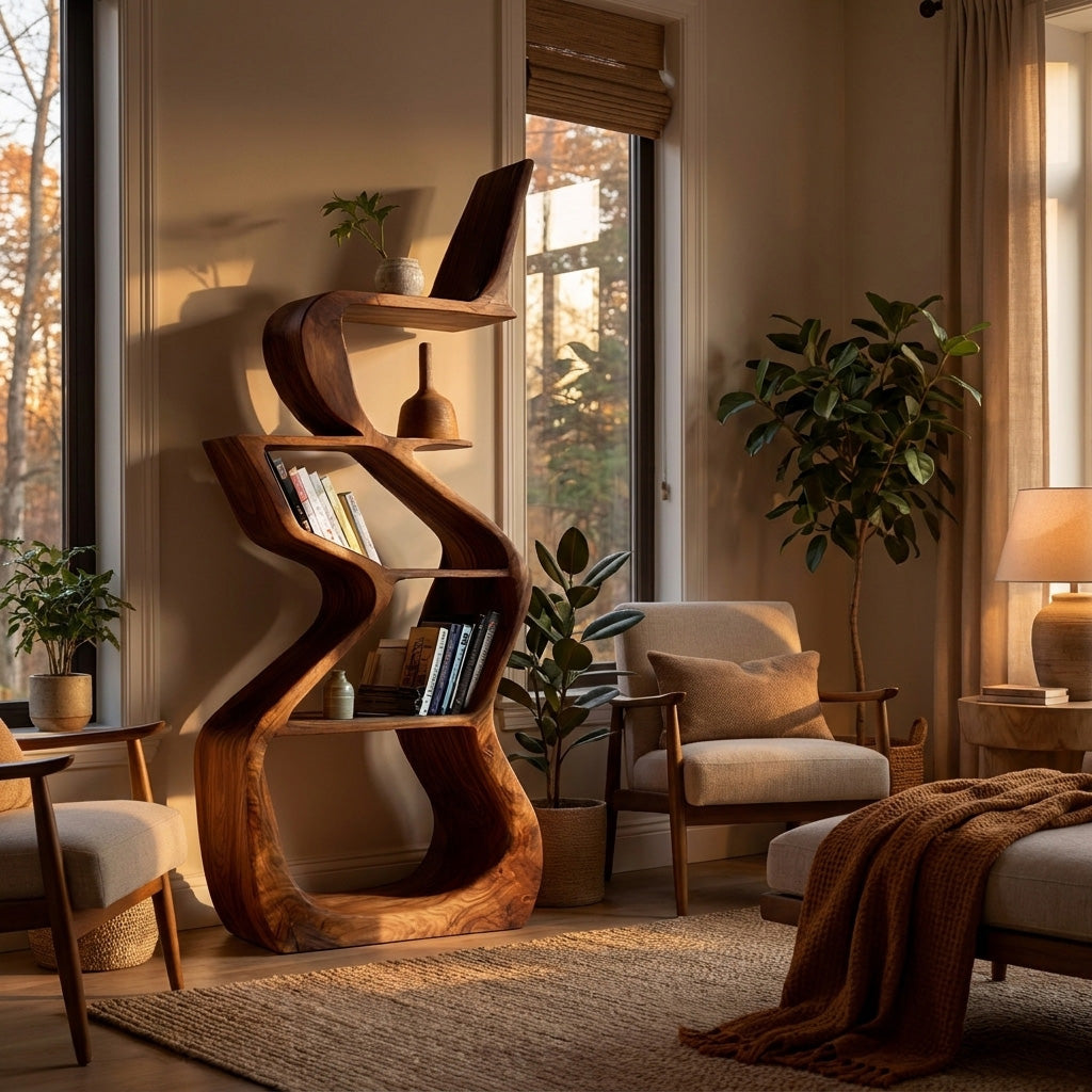 Sculptural Wooden Bookshelf For Living Room Corner Kitchnce