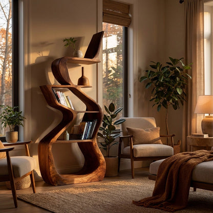 Sculptural Wooden Bookshelf For Living Room Corner Kitchnce