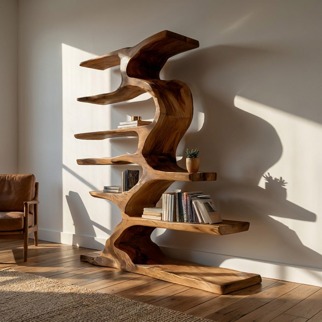Organic Sculptural Wooden Bookshelf With Tiers For Living Room Kitchnce