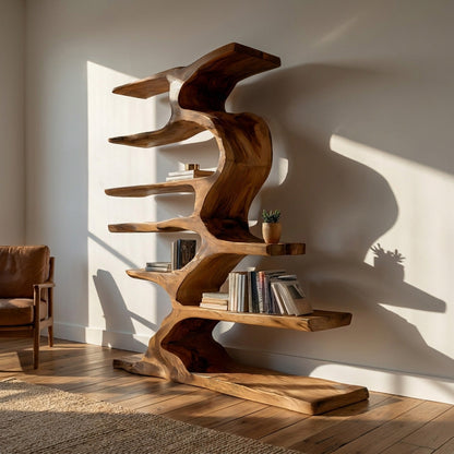 Organic Sculptural Wooden Bookshelf With Tiers For Living Room Kitchnce
