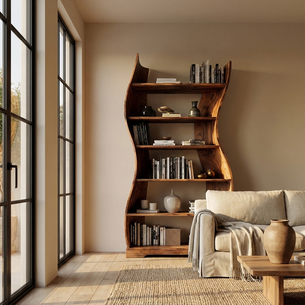 Contemporary Flowing Wooden Bookshelf For Living Room Kitchnce