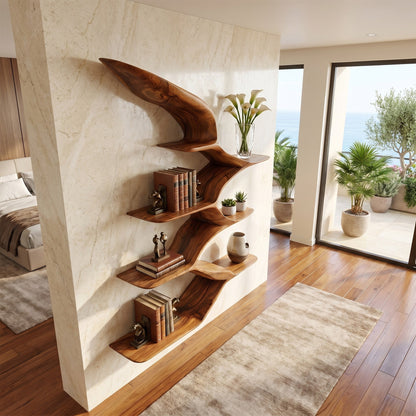 Wing Form Wood Wall Shelf With Curved Open Display