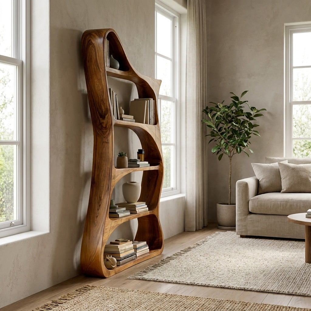 Modern Sculptural Natural Wood Bookshelf For Living Room Kitchnce