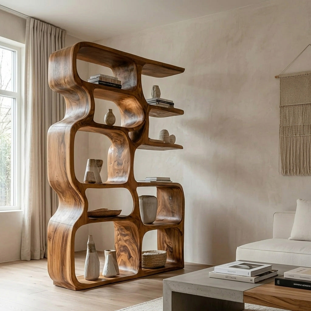 Minimalist Artistic Natural Wood Bookshelf For Living Room Kitchnce