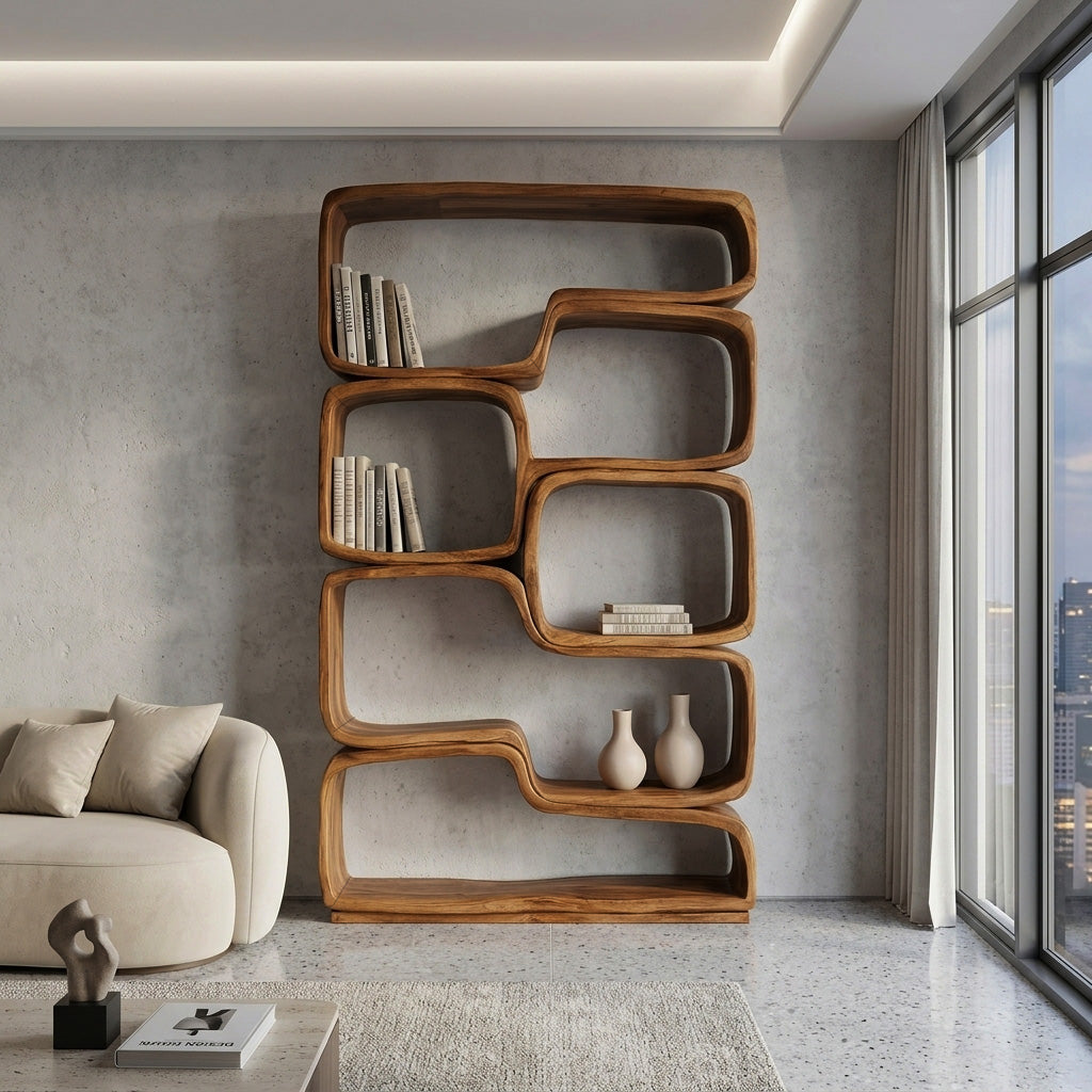 Contemporary Sculptural Natural Wood Bookshelf For Living Room Kitchnce