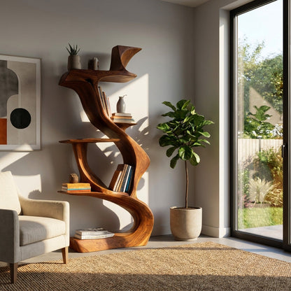 Sculptural Natural Wood Bookshelf For Living Room Kitchnce