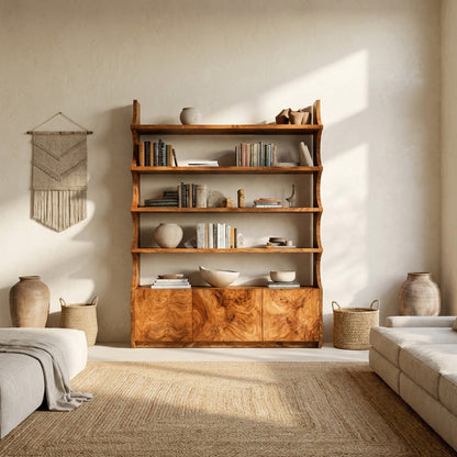 Organic Wooden Bookshelf With Curved Edges For Living Storage Kitchnce