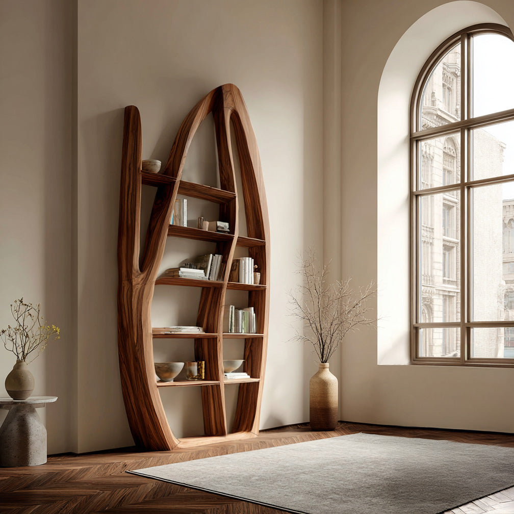 Organic Style Sculptural Wooden Bookshelf For Living Room Kitchnce
