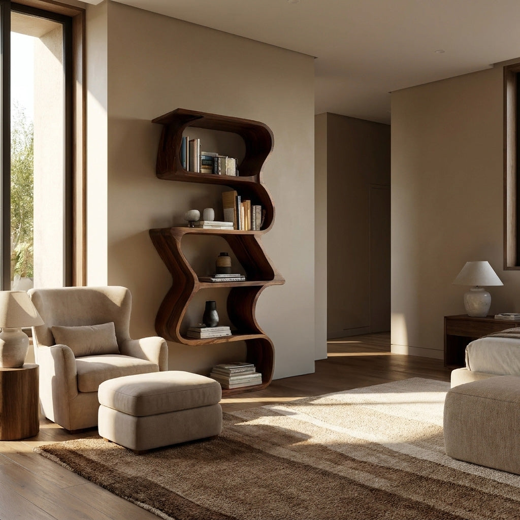Modern Sculptural Wooden Bookshelf For Home Display Kitchnce
