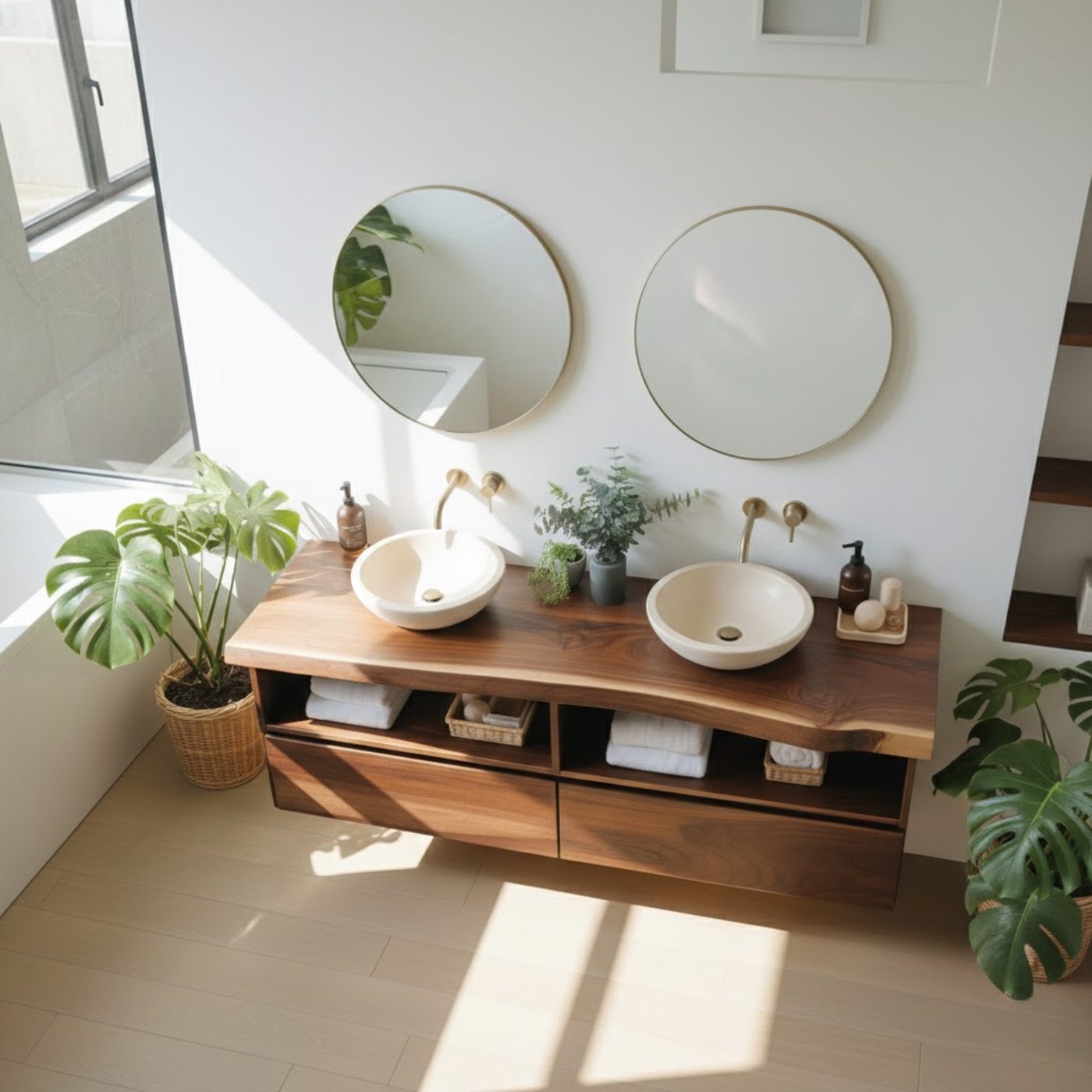 Modern Double Floating Solid Wood Bathroom Vanity Cabinet