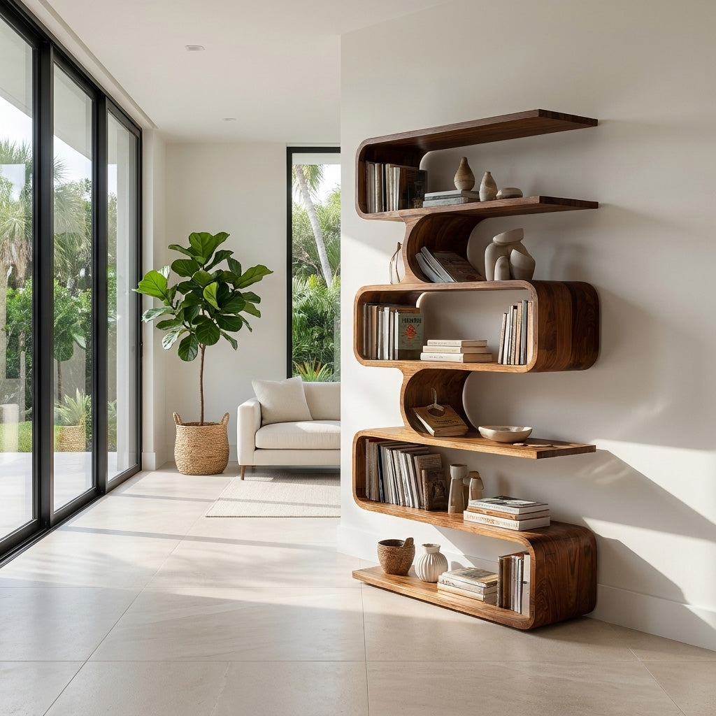 Handcrafted Wooden Bookshelf With Sculpture Edges For Living Room Kitchnce