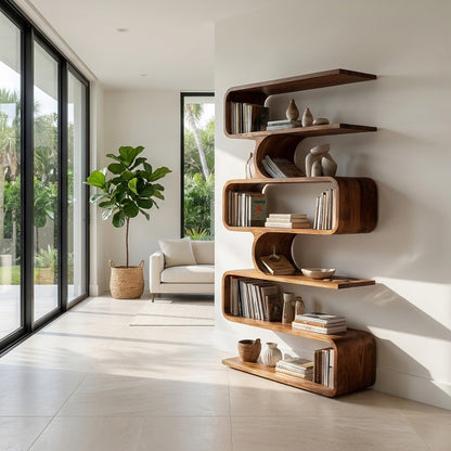 Handcrafted Wooden Bookshelf With Sculpture Edges For Living Room Kitchnce