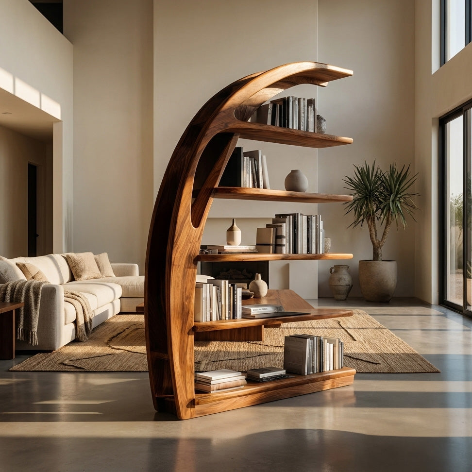Minimal Curved Wooden Bookshelf For Living Room Display Kitchnce