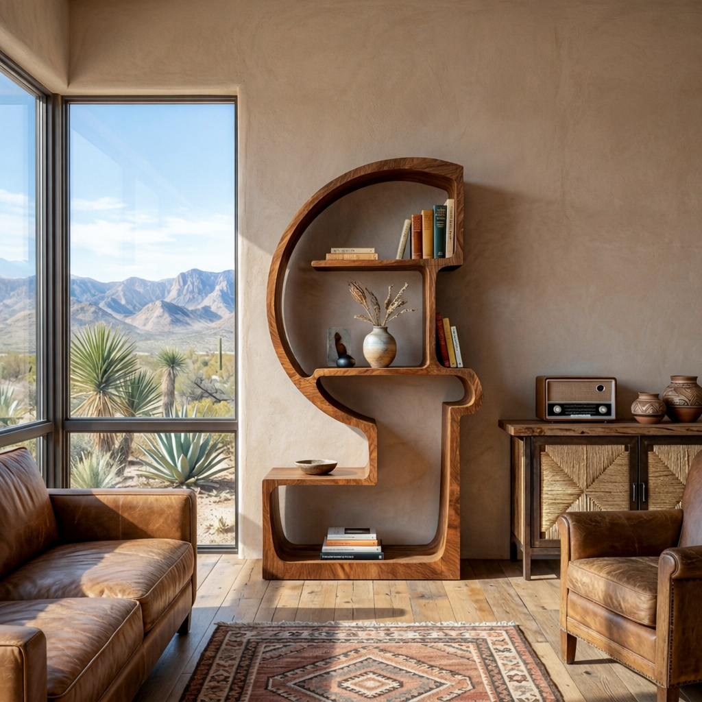 Artistic Wooden Bookshelf With Unique Curved Structure For Home Kitchnce