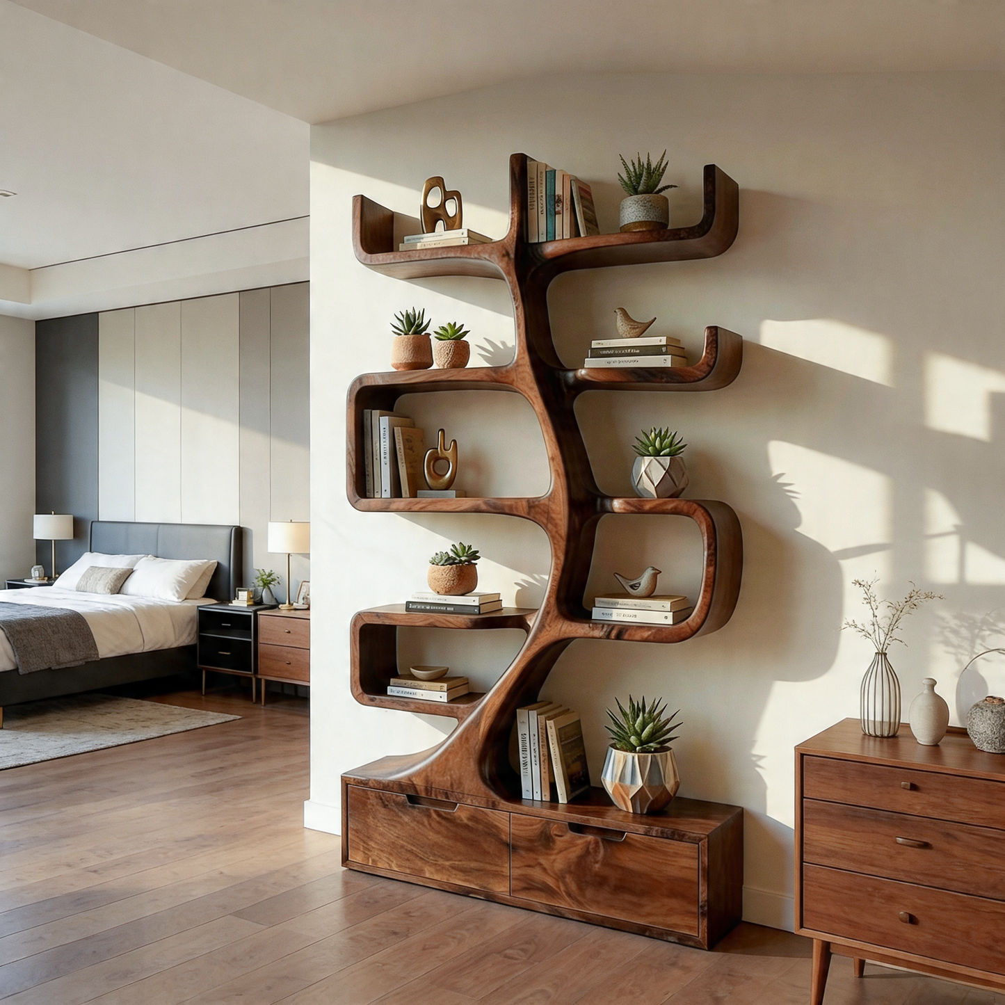 Wooden Bookcase With Tiers And Built-in Drawers For Home Kitchnce