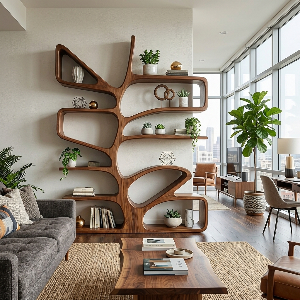 Organic Wooden Bookcase With Sculptural Form For Living Space Kitchnce