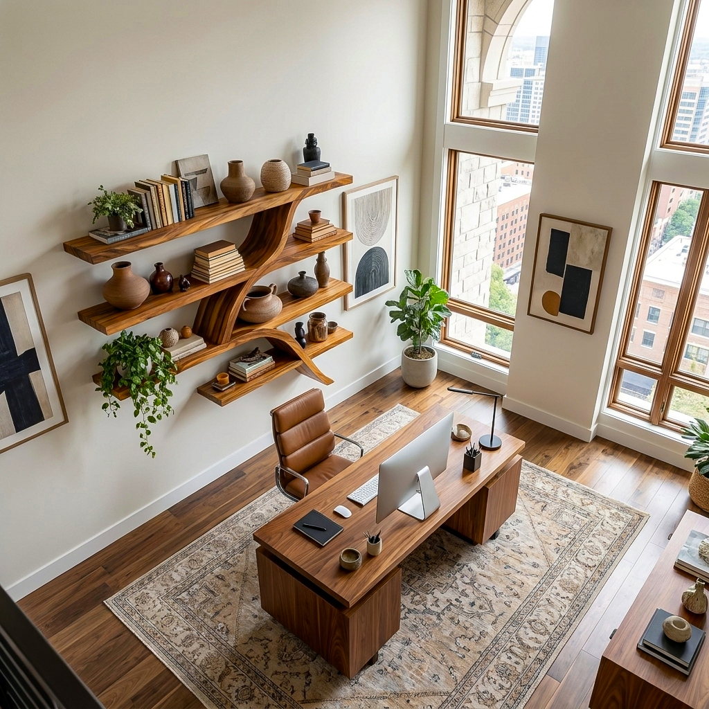 Handcrafted Wooden Wall Bookshelf With Organic Shape For Home Kitchnce