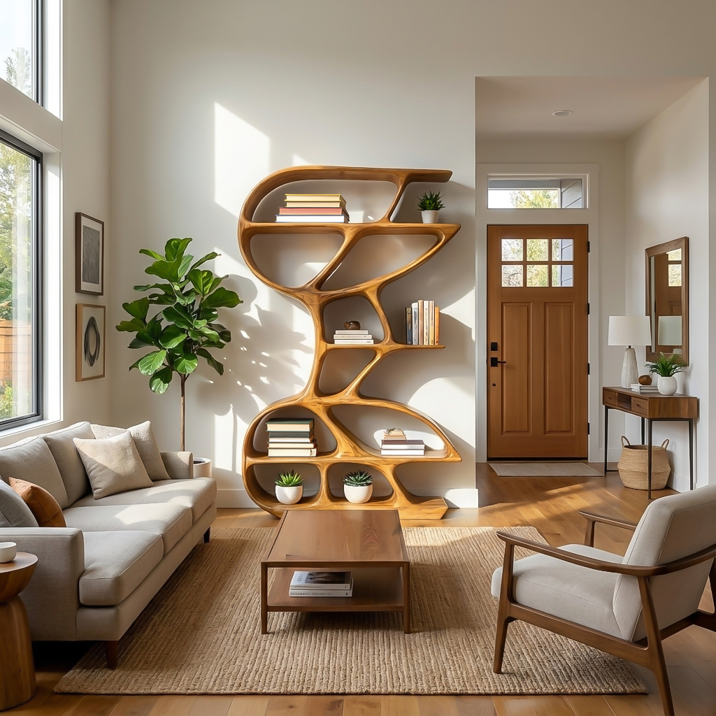 Wooden Bookshelf Unique Sculptural Design For Modern Living Room Kitchnce