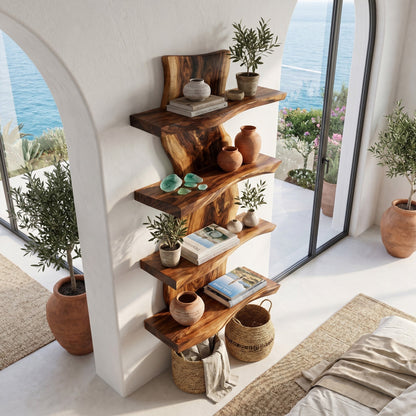 Vertical Wood Wall-Mounted Shelf With Layered Display
