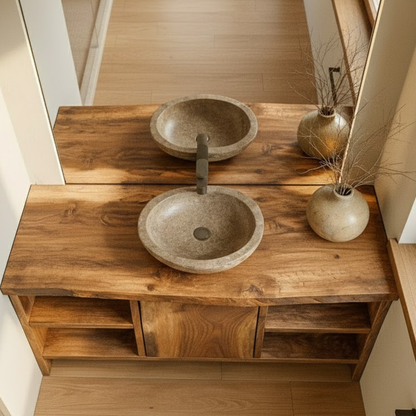 Handcrafted Solid Wood Bathroom Vanity with Central Sliding Door & Open Storage Shelves Kitchnce
