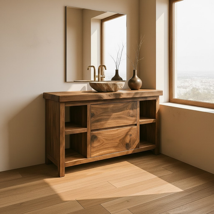 Handcrafted Solid Wood Bathroom Vanity with Live Edge Top and Curved Drawer Design Kitchnce