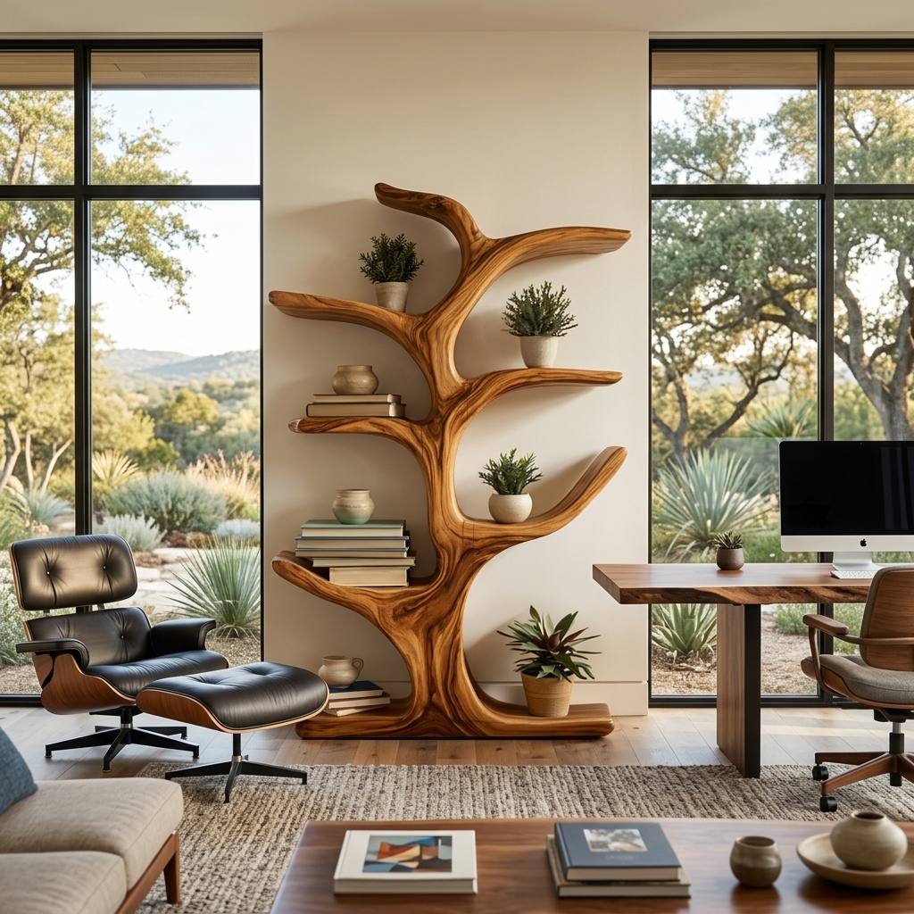 Modern Wood Bookshelf Sculptural Curved Design For Living Room Kitchnce
