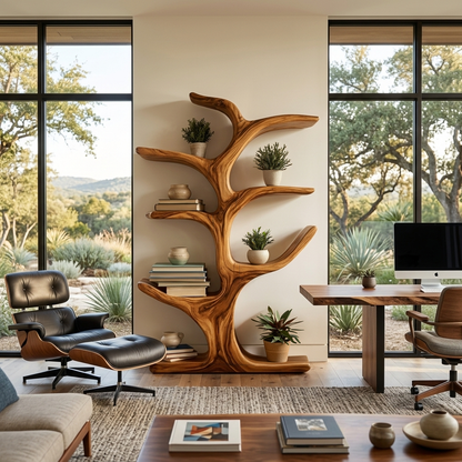 Modern Wood Bookshelf Sculptural Curved Design For Living Room Kitchnce