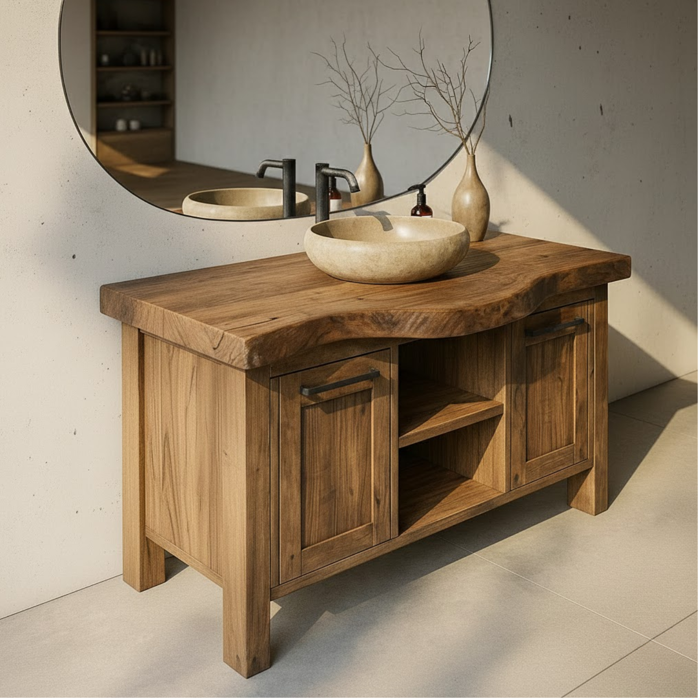 Handcrafted Solid Wood Bathroom Vanity with Live-Edge Top and Dual Side Cabinets Kitchnce