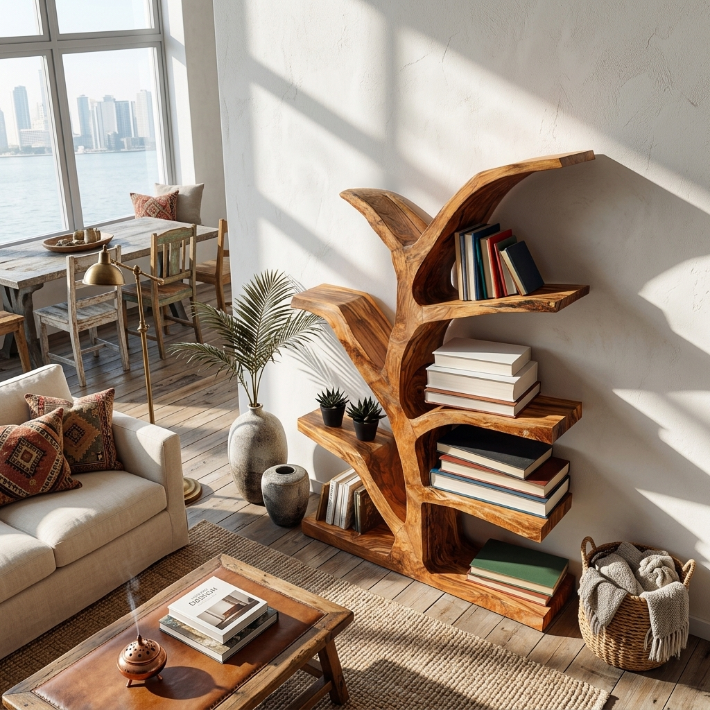 Wooden Bookshelf With Organic Form For Living Area Kitchnce