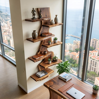 Vertical Wood Corner Wall Shelf With Sculptural Display