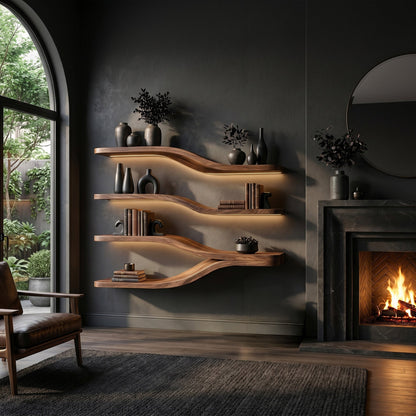 Flowing Wood Wall-Mounted Shelf With Layered Display