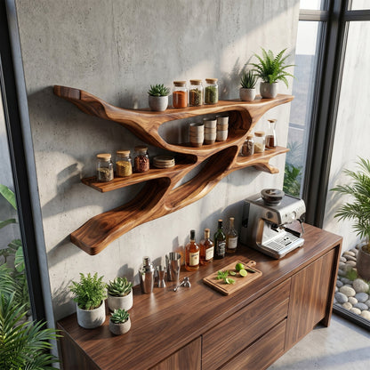 Sculptural Wood Bedroom Wall Shelf With Open Display
