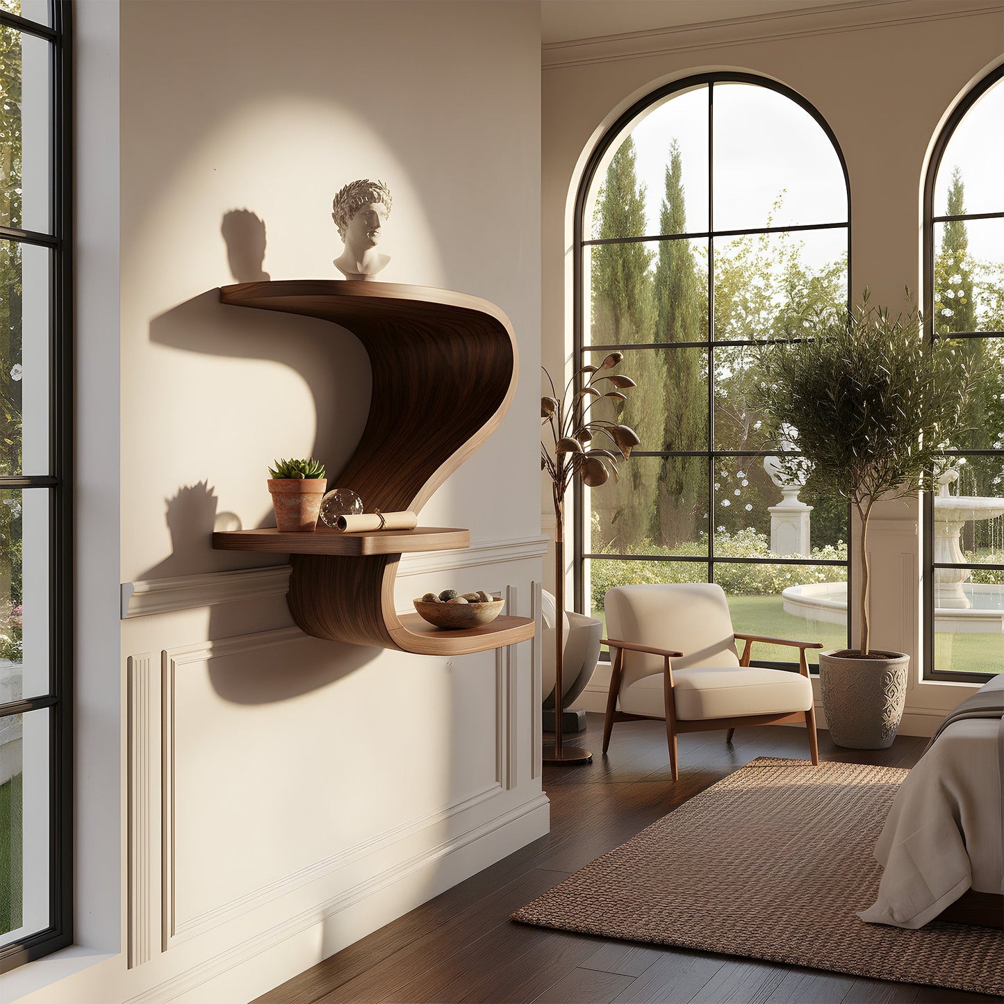 Curved S-Shaped Floating Wall Shelf with Tiered Display
