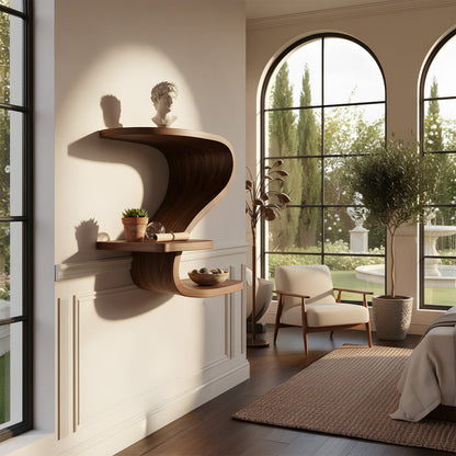 Curved S-Shaped Floating Wall Shelf with Tiered Display